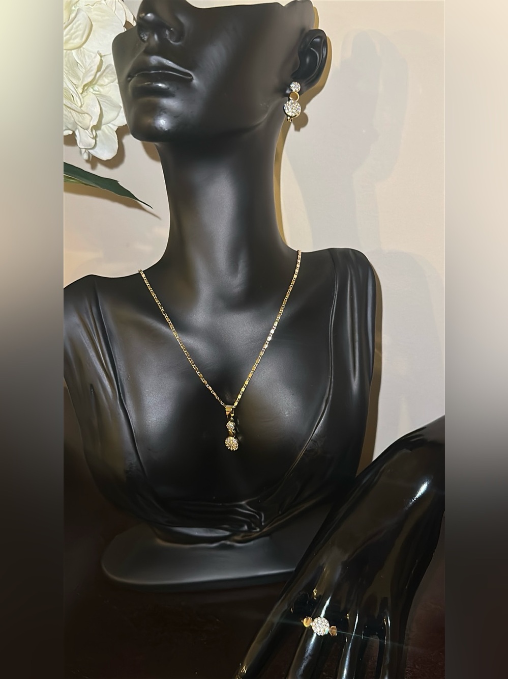 Gold Floral Pendant Necklace and Earring Set - Elegant Women's Jewelry
